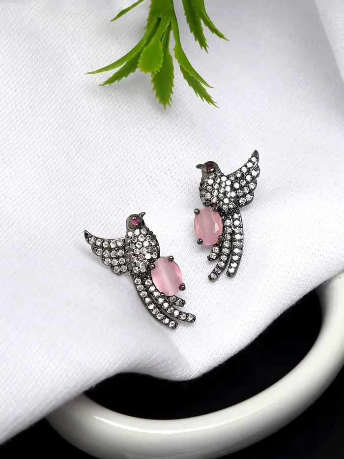Yellow Chimes Necklaces Yellow Chimes American Diamond Earrings for Women RhodiumPlated Black ADStudded Bird Design Stud Earrings for Women and Girls