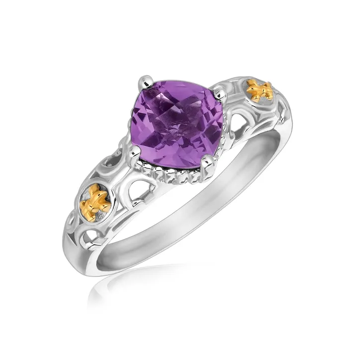 18k Yellow Gold and Sterling Silver Ring with Amethyst and Fleur De Lis Motifs MayaMila Rings 18k Yellow Gold and Sterling Silver Ring with Amethyst and Fleur De Lis Motifs MayaMila Rings