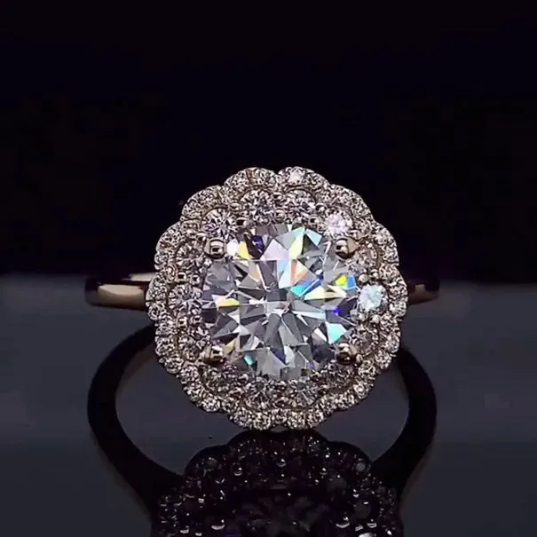 Golden Tone Cluster Halo Round Cut Sterling Silver Engagement Ring Shineofidamond Rings