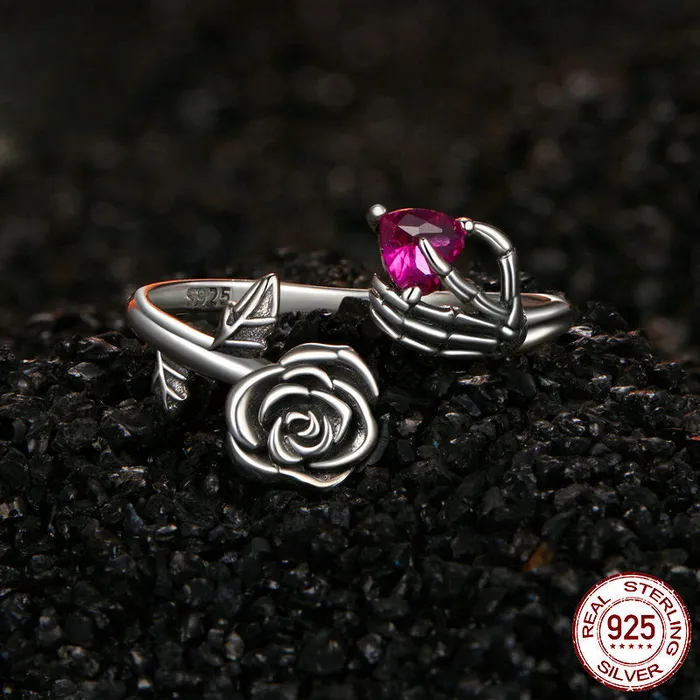 Rings shine of diamond Halloween Rose skeleton Heart Sterling Silver Open Ring