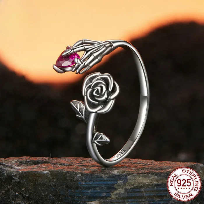Rings shine of diamond Halloween Rose skeleton Heart Sterling Silver Open Ring Rings shine of diamond Halloween Rose skeleton Heart Sterling Silver Open Ring
