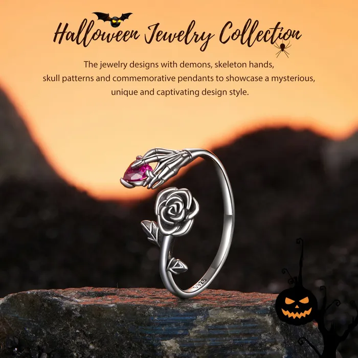 Rings shine of diamond Halloween Rose skeleton Heart Sterling Silver Open Ring Rings shine of diamond Halloween Rose skeleton Heart Sterling Silver Open Ring