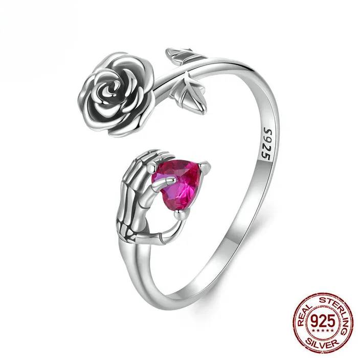 Rings shine of diamond Halloween Rose skeleton Heart Sterling Silver Open Ring Rings shine of diamond Halloween Rose skeleton Heart Sterling Silver Open Ring