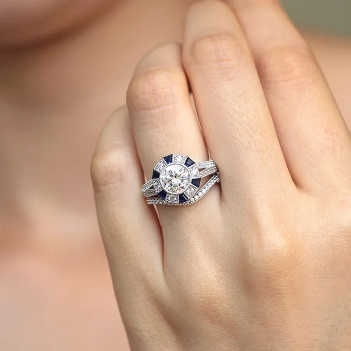 Rings Shineofdiamond 2PCS Art Deco Halo Split Shank Bridal Set in Sterling Silver