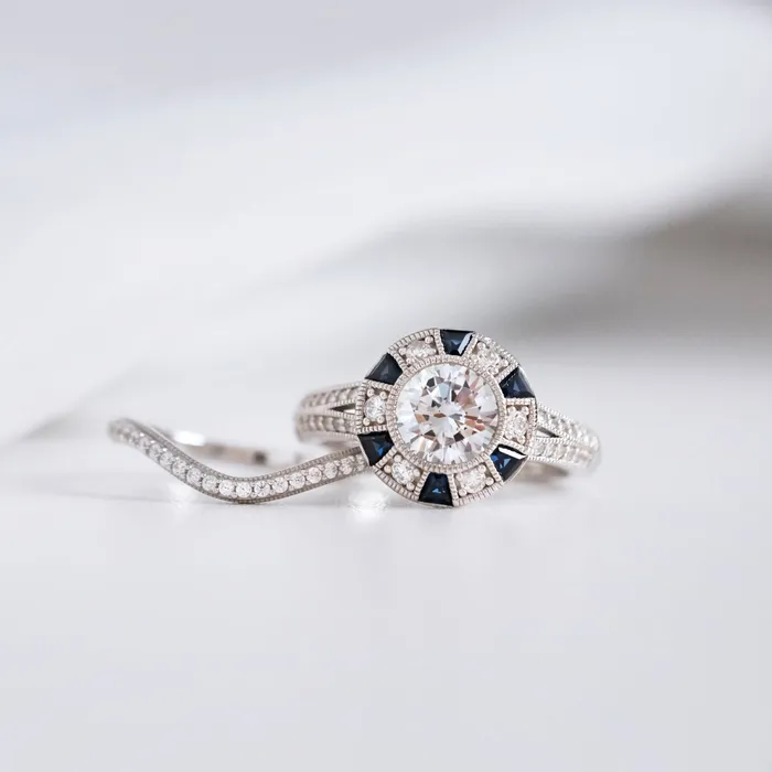Rings Shineofdiamond 2PCS Art Deco Halo Split Shank Bridal Set in Sterling Silver