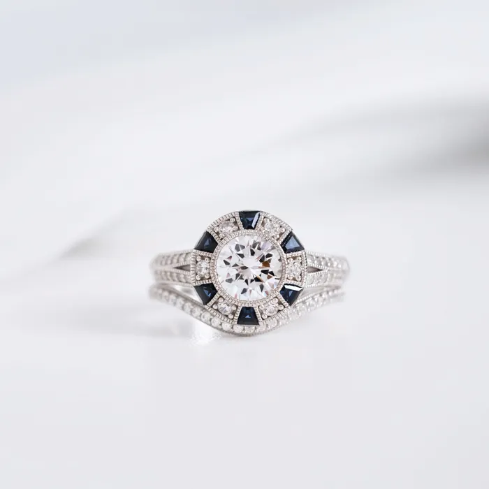Rings Shineofdiamond 2PCS Art Deco Halo Split Shank Bridal Set in Sterling Silver