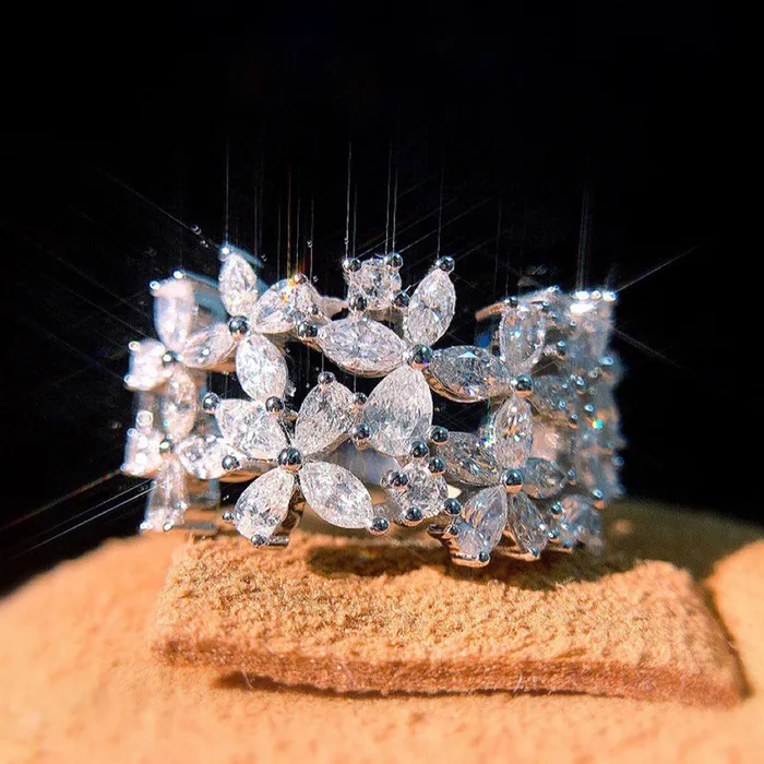 Shineofidamond Rings Marquise Pear Cut Fourleaf Flower Wedding Band Split Shank in Sterling Silver