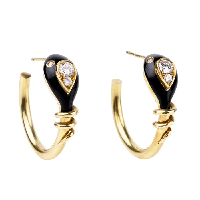 Bell Bird Antiques Bell and Bird Black Enamel and Diamond Snake Hoop Earrings Earrings Bell Bird Antiques Bell and Bird Black Enamel and Diamond Snake Hoop Earrings Earrings