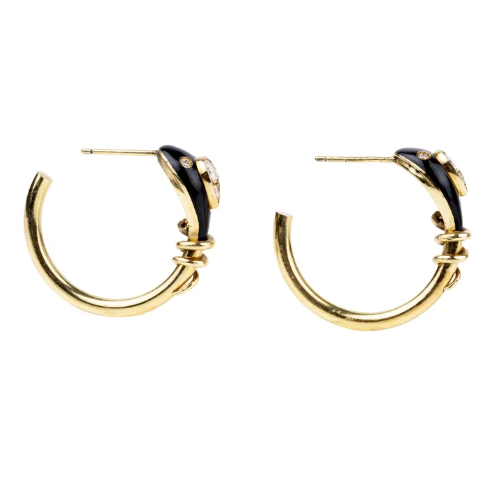 Bell Bird Antiques Bell and Bird Black Enamel and Diamond Snake Hoop Earrings Earrings