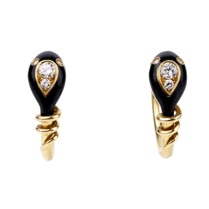 Bell Bird Antiques Bell and Bird Black Enamel and Diamond Snake Hoop Earrings Earrings