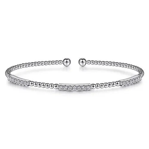 Bracelets 14K White Gold Bujukan Bead Cuff Bracelet with Diamond Pave Stations GABRIEL CO Bracelets 14K White Gold Bujukan Bead Cuff Bracelet with Diamond Pave Stations GABRIEL CO