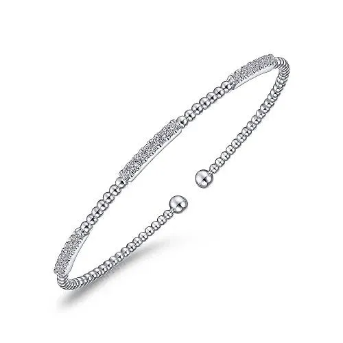 Bracelets 14K White Gold Bujukan Bead Cuff Bracelet with Diamond Pave Stations GABRIEL CO Bracelets 14K White Gold Bujukan Bead Cuff Bracelet with Diamond Pave Stations GABRIEL CO