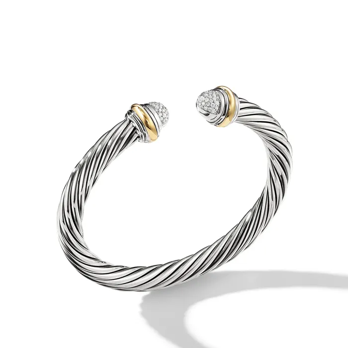 Bracelets Classic Cable Bracelet in Sterling Silver with 18K Yellow Gold and Pav Diamond Domes 7mm David Yurman Bracelets Classic Cable Bracelet in Sterling Silver with 18K Yellow Gold and Pav Diamond Domes 7mm David Yurman