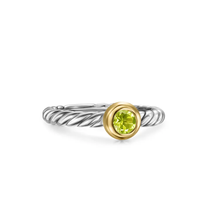 David Yurman Rings Petite Cable Ring in Sterling Silver with 14K Yellow Gold and Peridot 28mm David Yurman Rings Petite Cable Ring in Sterling Silver with 14K Yellow Gold and Peridot 28mm