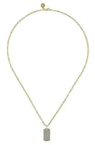 GABRIEL CO 14K Yellow Gold Diamond Pave Dog Tag Pendant Hollow Chain Necklace Necklaces