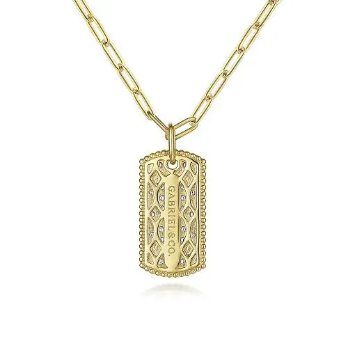 GABRIEL CO 14K Yellow Gold Diamond Pave Dog Tag Pendant Hollow Chain Necklace Necklaces