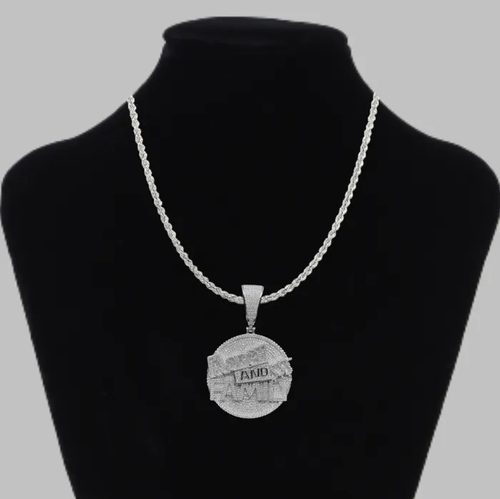 Money and Family Necklaces Money And Family Round Iced Out Letter Diamond Pendant Necklace
