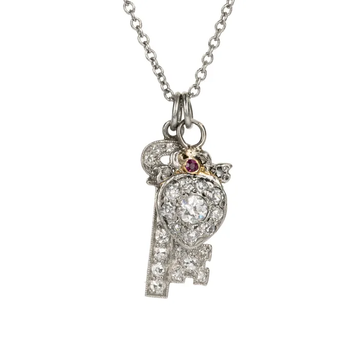 Necklaces Diminutive Art Deco Diamond Key to my Heart Necklace Bell Bird Antiques