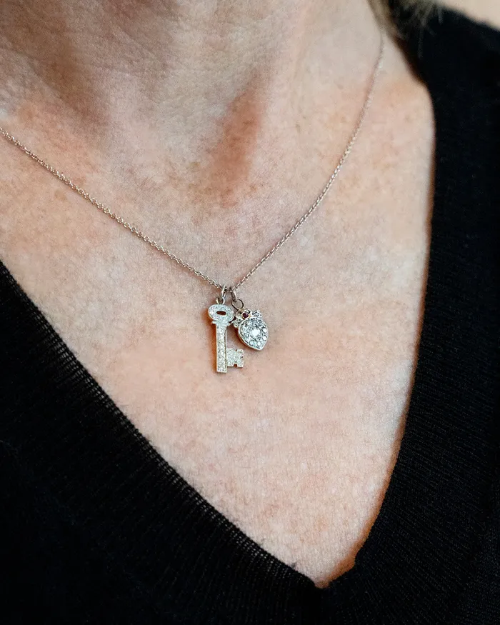 Necklaces Diminutive Art Deco Diamond Key to my Heart Necklace Bell Bird Antiques