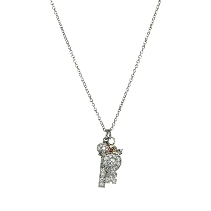 Necklaces Diminutive Art Deco Diamond Key to my Heart Necklace Bell Bird Antiques
