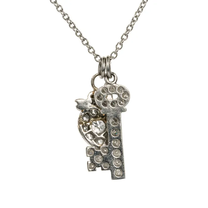Necklaces Diminutive Art Deco Diamond Key to my Heart Necklace Bell Bird Antiques