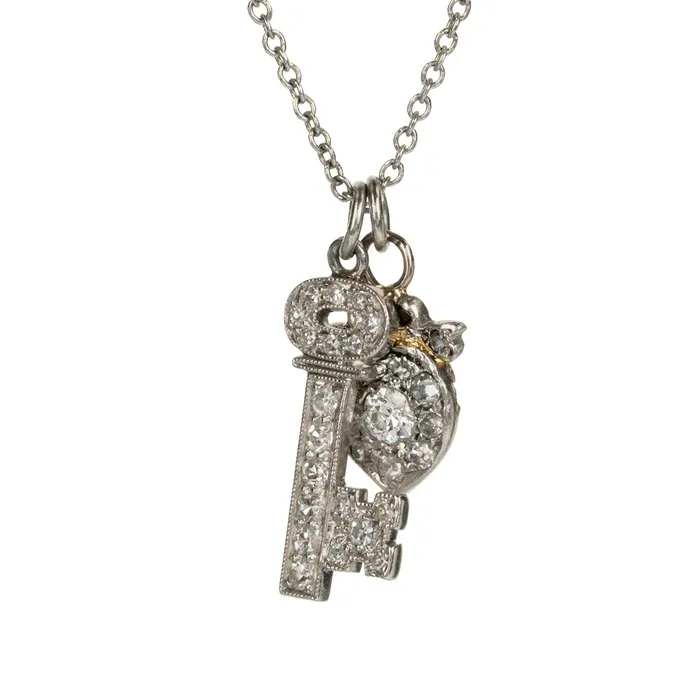Necklaces Diminutive Art Deco Diamond Key to my Heart Necklace Bell Bird Antiques