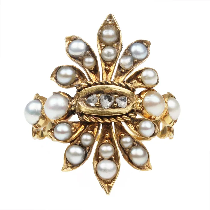 Rings Bell Bird Antiques Victorian Rose Cut Diamond and Pearl Ring
