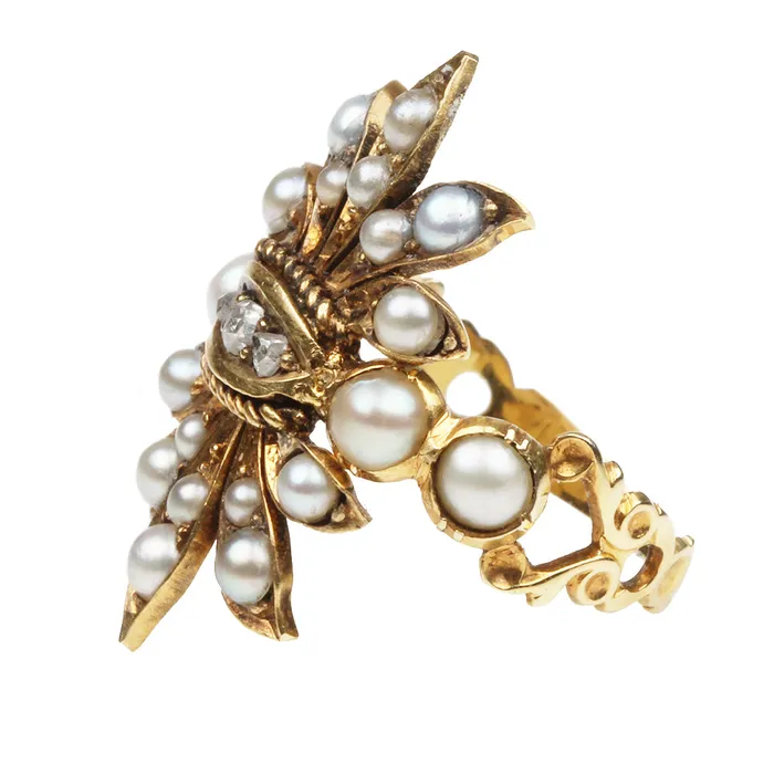 Rings Bell Bird Antiques Victorian Rose Cut Diamond and Pearl Ring