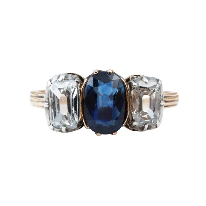Rings Bell Bird Antiques Victorian Three Stone Diamond Sapphire Ring