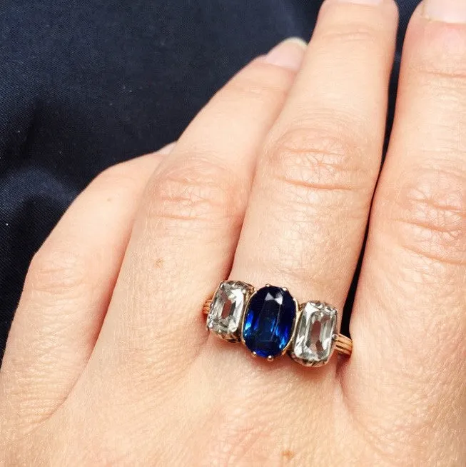 Rings Bell Bird Antiques Victorian Three Stone Diamond Sapphire Ring