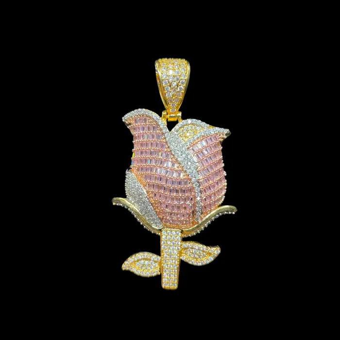 Rose Necklaces Rose Flower Fully Detailed Elegant Iced Out Diamond Pendant Necklace Rose Necklaces Rose Flower Fully Detailed Elegant Iced Out Diamond Pendant Necklace