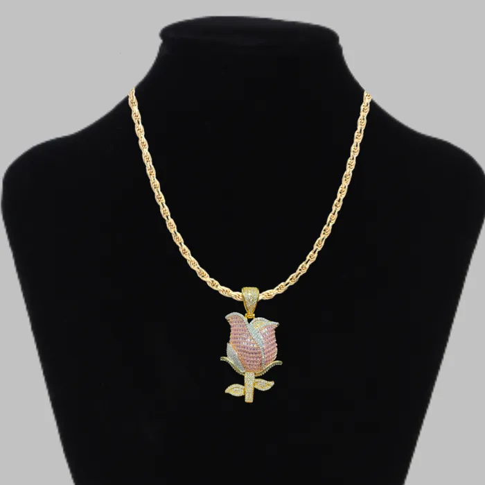 Rose Necklaces Rose Flower Fully Detailed Elegant Iced Out Diamond Pendant Necklace