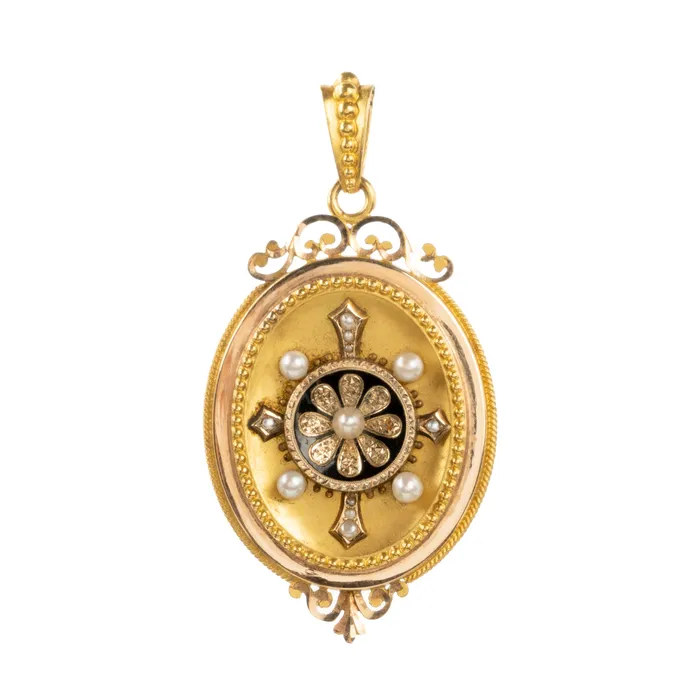 Victorian era pearl and black enamel locket Bell Bird Antiques Necklaces