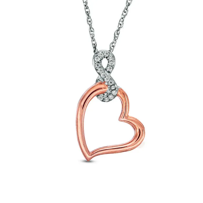 005 CT TW Natural Diamond Infinity Tilted Heart Pendant in Sterling Silver and 10K Rose Gold Goldia Necklaces 005 CT TW Natural Diamond Infinity Tilted Heart Pendant in Sterling Silver and 10K Rose Gold Goldia Necklaces