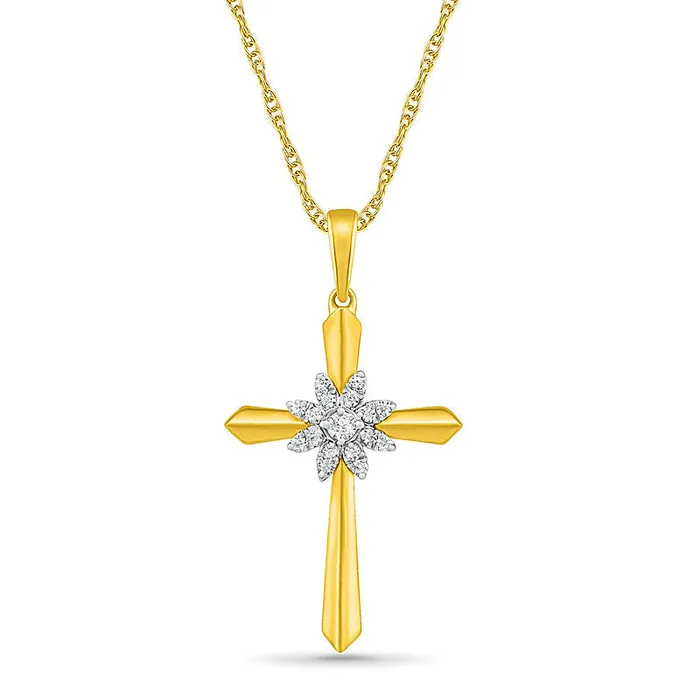 01 CT TW Natural Diamond Flower Cross Pendant in 10K Yellow Gold Goldia Necklaces 01 CT TW Natural Diamond Flower Cross Pendant in 10K Yellow Gold Goldia Necklaces