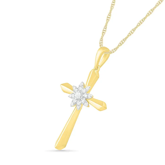 01 CT TW Natural Diamond Flower Cross Pendant in 10K Yellow Gold Goldia Necklaces 01 CT TW Natural Diamond Flower Cross Pendant in 10K Yellow Gold Goldia Necklaces