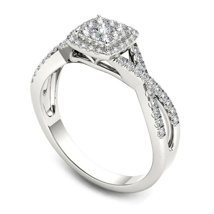 038 CT TW Composite Natural Diamond Square Frame Crossover Engagement Ring in Solid 14K White Gold Goldia Rings 038 CT TW Composite Natural Diamond Square Frame Crossover Engagement Ring in Solid 14K White Gold Goldia Rings