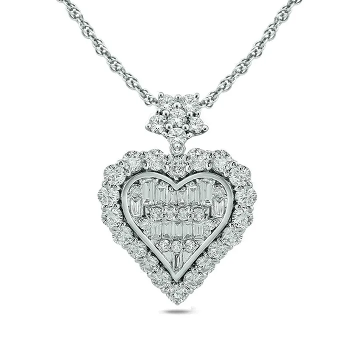 05 CT TW Baguette and Round Natural Diamond Frame Heart Pendant in 10K White Gold Goldia Necklaces 05 CT TW Baguette and Round Natural Diamond Frame Heart Pendant in 10K White Gold Goldia Necklaces