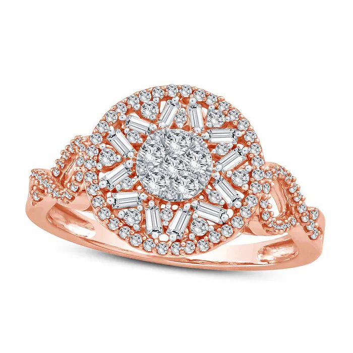 050 CT TW Composite Baguette and Round Natural Diamond Frame Ring in Solid 10K Rose Gold Goldia Rings