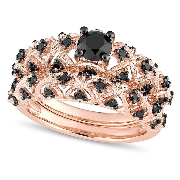 10 CT TW Enhanced Black Natural Diamond ZigZag Antique VintageStyle Bridal Engagement Ring Set in Sterling Silver with Rose Rhodium Goldia Rings 10 CT TW Enhanced Black Natural Diamond ZigZag Antique VintageStyle Bridal Engagement Ring Set in Sterling Silver with Rose Rhodium Goldia Rings