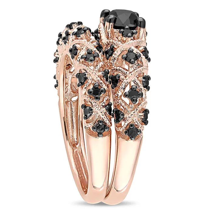 10 CT TW Enhanced Black Natural Diamond ZigZag Antique VintageStyle Bridal Engagement Ring Set in Sterling Silver with Rose Rhodium Goldia Rings 10 CT TW Enhanced Black Natural Diamond ZigZag Antique VintageStyle Bridal Engagement Ring Set in Sterling Silver with Rose Rhodium Goldia Rings