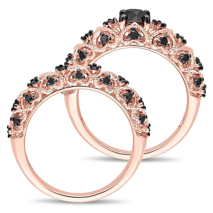 10 CT TW Enhanced Black Natural Diamond ZigZag Antique VintageStyle Bridal Engagement Ring Set in Sterling Silver with Rose Rhodium Goldia Rings 10 CT TW Enhanced Black Natural Diamond ZigZag Antique VintageStyle Bridal Engagement Ring Set in Sterling Silver with Rose Rhodium Goldia Rings