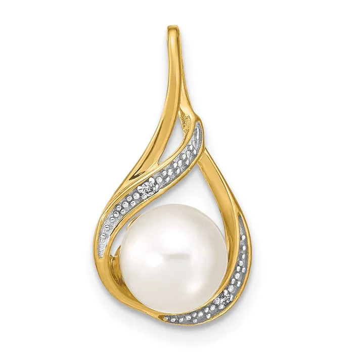 14k 7 8mm White Round Freshwater Cultured Pearl and Diamond Pendant Goldiacom Necklaces