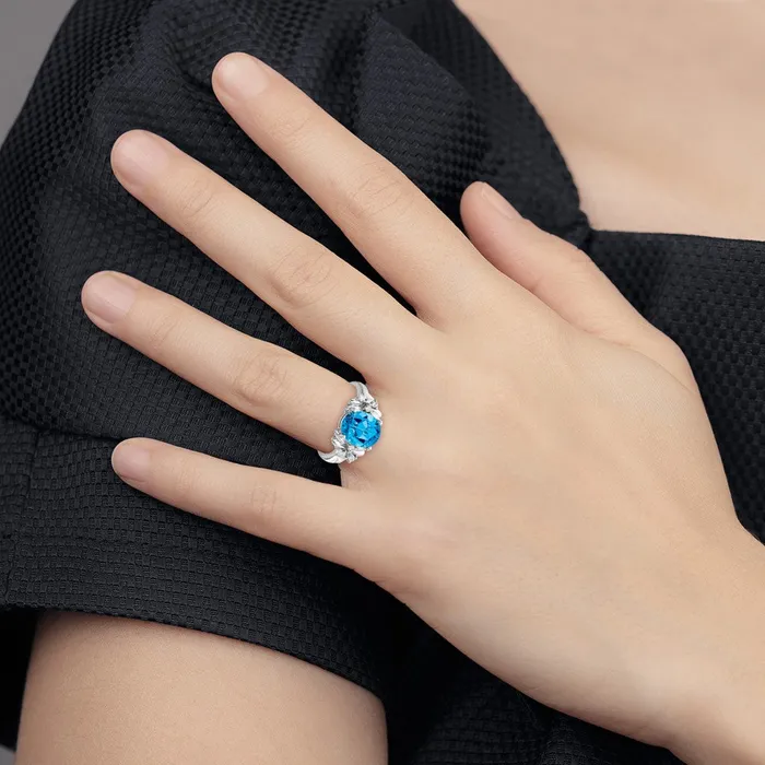 14k White Gold 10x8mm Oval Blue Topaz AA Real Diamond ring goldiaca Rings