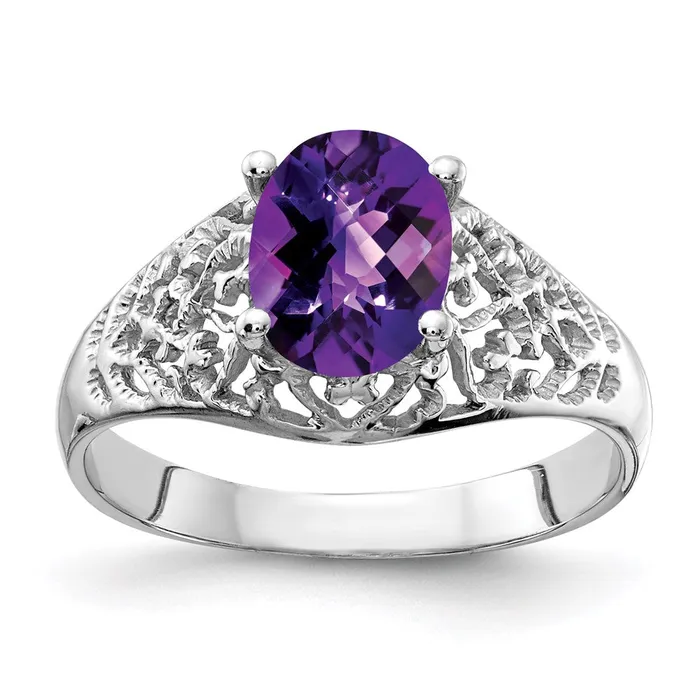 14k White Gold 8x6mm Oval Amethyst Checker ring Goldia Rings