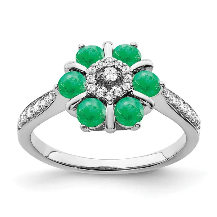 14k White Gold Emerald and Real Diamond Floral Ring Goldia Rings