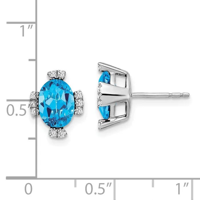 14k White Gold Oval Blue Topaz and Real Diamond Earrings Goldia Earrings