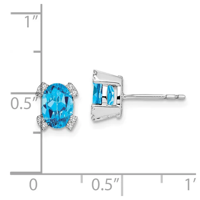 14k White Gold Oval Blue Topaz and Real Diamond Earrings Goldia Earrings