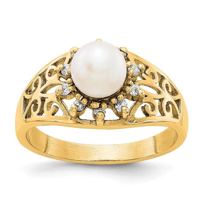 14K Yellow Gold 6mm FW Cultured Pearl AA Real Diamond ring Goldiacom Rings 14K Yellow Gold 6mm FW Cultured Pearl AA Real Diamond ring Goldiacom Rings
