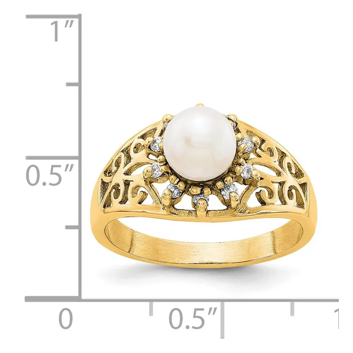 14K Yellow Gold 6mm FW Cultured Pearl AA Real Diamond ring Goldiacom Rings